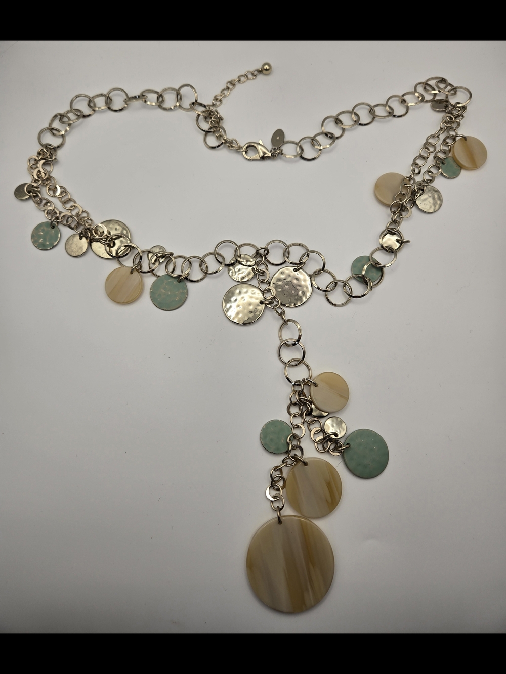 Chico's Silver-Tone Multi Disc Y-Necklace Cream & Mint Boho Textured Stylish